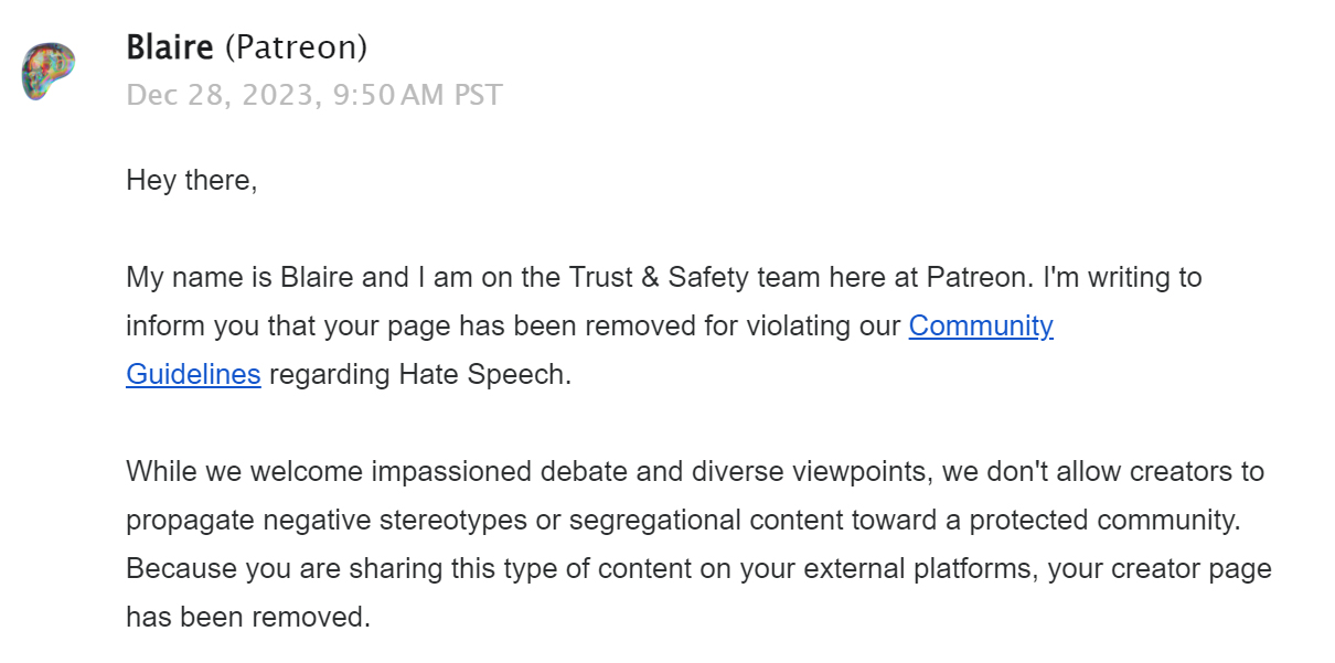 Hosank's Patreon page was deleted