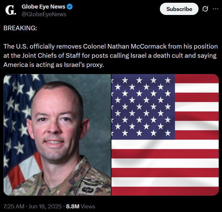 "The U.S. officially removes Colonel Nathan McCormack from his position at the Joint Chiefs of Staff...