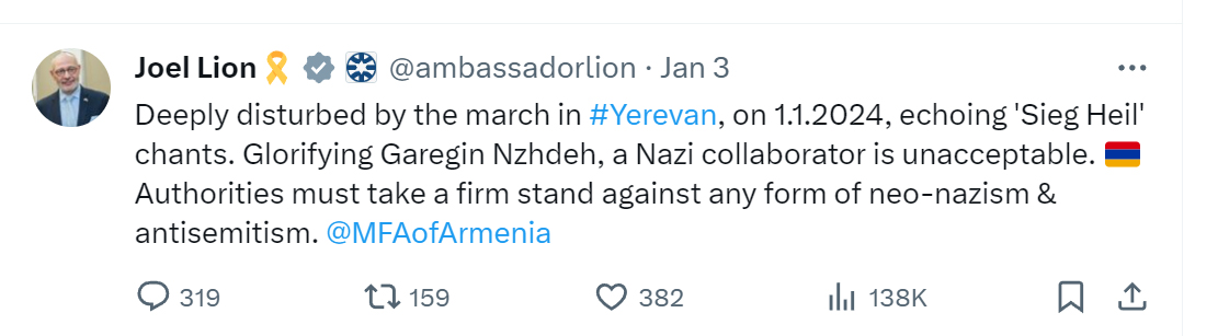 Իսրայելի դեսպանը Հայաստանում ասում է, որ խիստ մտահոգված է Հոսանքի կազմակերպած...