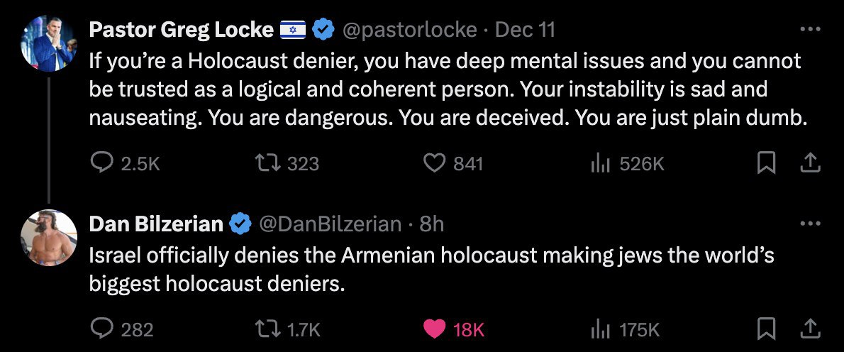 Դեն Բիլզերյանը դիպուկ պատասխան է տալիս այս դավաճան «քրիստոնյա» սիոնիստին, ով զօր ու գիշեր ջհուդներին է պաշտպանում...