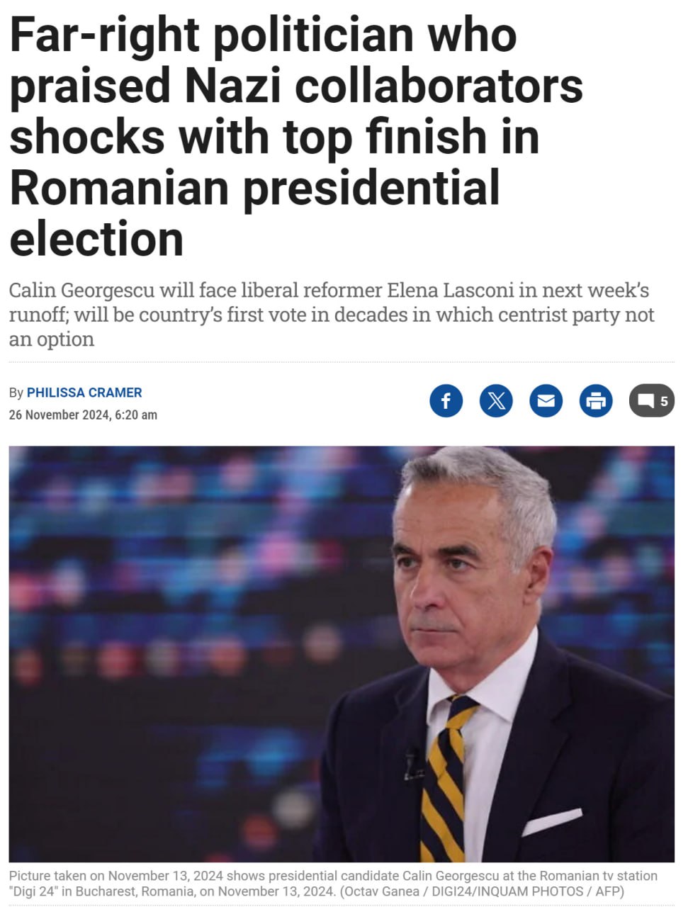 Փաստ է, որ Ռումինիայի նախագահական թեկնածու Կալին Ջորջեսկուն համարվում է «աջ ծայրահեղական» և նախկինում բազմիցս գովաբանել է Ադոլֆ Հիտլերին և նրա հետ համագործակցող բազմաթիվ մարդկանց...